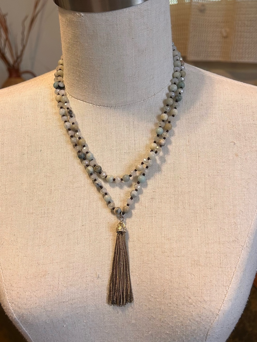 Layered Beaded Tassel Necklace in Sage and Gray Agate and Crystal beads - Picture 4 of 9